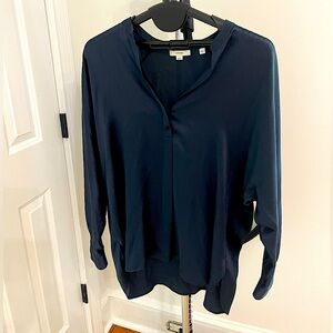 Vince 100% Silk Stand Collar Navy Blue Blouse. XL